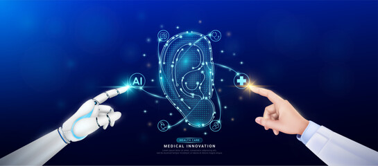 Human ear in atom. Doctor and robot finger touching icon AI cross symbol. Health care too artificial intelligence cyborg or technology innovation science medical futuristic. Banner vector EPS10.