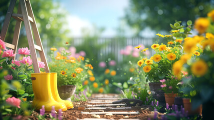 A vibrant garden scene with colorful flowers, gardening tools, and yellow boots, set against a sunny background, depicting a concept of gardening. Generative AI - obrazy, fototapety, plakaty