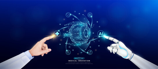 Eyeball human in atom. Doctor and robot finger touching icon AI cross symbol. Health care too artificial intelligence cyborg or technology innovation science medical futuristic. Banner vector EPS10.
