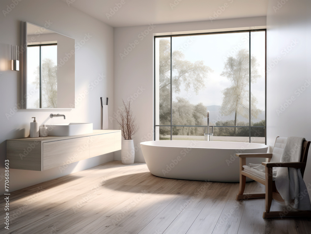 Poster a modern bathroom interior with a nature view through large windows, minimalist furnishings, and abu