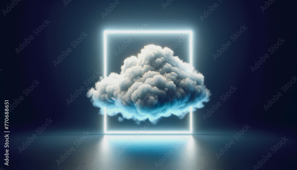 Poster A cloud illuminated within a neon square frame on a dark reflective background, symbolizing technology and nature fusion. Generative AI