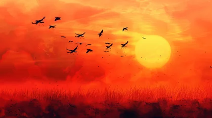 Foto auf Acrylglas Antireflex birds gracefully silhouette the colorful canvas of a sunset during migration © Laura