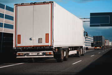 Cargo Truck On The Road In High-Speed Motion. International Logistics Shipping Delivery Concept. Speed Restriction Control Violation	