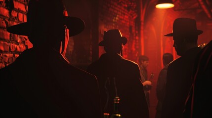 An old, flickering light illuminates a tense gathering of mafia members, plotting in secrecy and solidarity. - obrazy, fototapety, plakaty