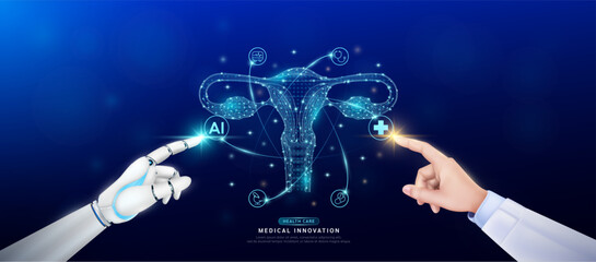 Female uterus in atom. Doctor and robot finger touching icon AI cross symbol. Health care too artificial intelligence cyborg or technology innovation science medical futuristic. Banner vector EPS10.