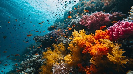 Fototapeta na wymiar Beneath the Waves: An Enchanting View of Lush Coral Formations and Graceful Fish Dancing in Clear Blue Seas