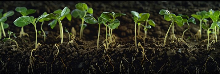 The intricate dance of germination  Fresh soy sprouts emerging from the soil, a testament to nature's resilience and growth