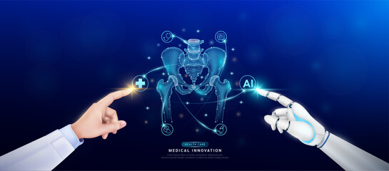 Pelvis bone in atom. Doctor and robot finger touching icon AI cross symbol. Health care too artificial intelligence cyborg or technology innovation science medical futuristic. Banner vector EPS10.