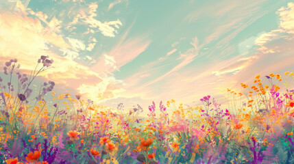 All the colorful flowers and the evening sky, illustration, generative ai