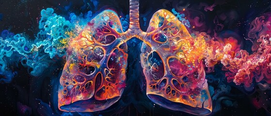 Medical tech canvas, lungs painted in 3D hues - obrazy, fototapety, plakaty
