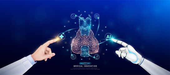 Thyroid gland human in atom. Doctor and robot finger touching icon AI cross symbol. Health care too artificial intelligence cyborg or technology innovation science medical futuristic. Banner vector. - obrazy, fototapety, plakaty