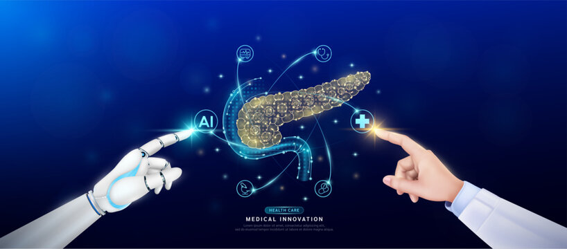 Human pancreas in atom. Doctor and robot finger touching icon AI cross symbol. Health care too artificial intelligence cyborg or technology innovation science medical futuristic. Banner vector EPS10.