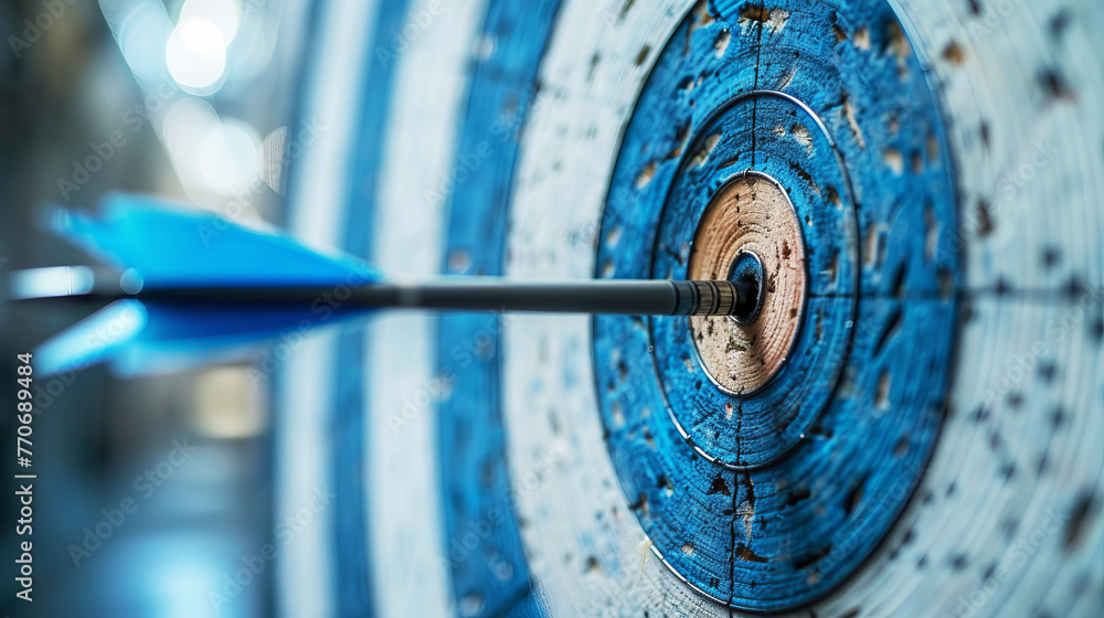 Poster Close-up of a blue dart in the center of a target, blurred lights in the background, concept of accuracy. Generative AI