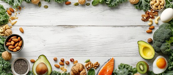 Healthy eating concept on a white wood background with copy space for text. Foods like nuts rich in fats, salmon fillets, avocado, eggs and kale leaves.ai generate. - obrazy, fototapety, plakaty