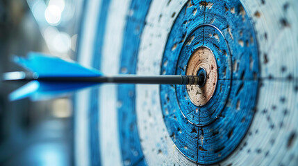 Close-up of a blue dart in the center of a target, blurred lights in the background, concept of accuracy. Generative AI