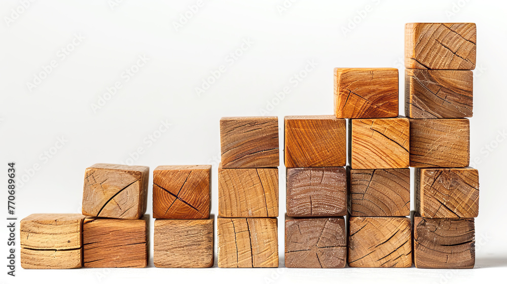 Poster a stack of wooden blocks in various shades of brown on a white background, depicting a concept of bu