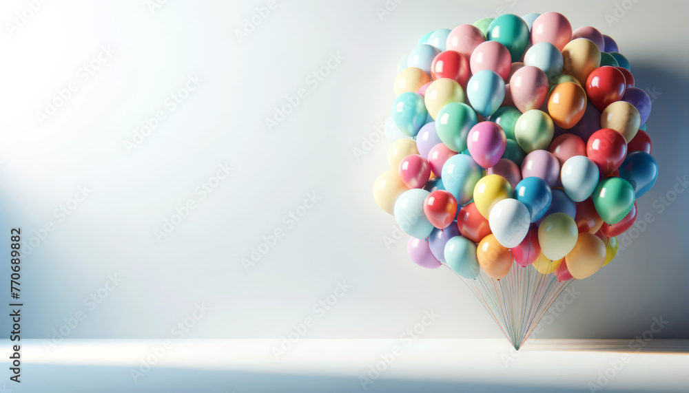Poster glossy balloons bunched against a cool gradient backdrop, depicting celebration and fun. generative 