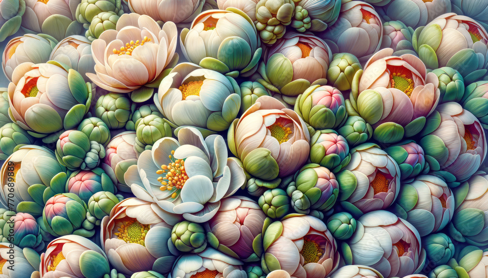 Poster Digital rendering of multicolored lotus flowers on a soft gradient background. Artistic expression