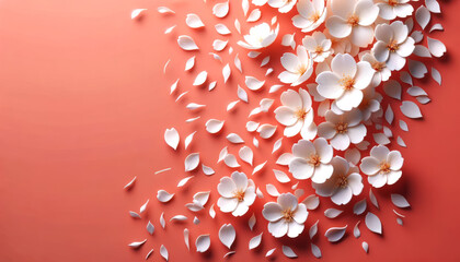 Scattered cherry blossom petals on vibrant coral backdrop. Ephemeral beauty concept. Generative AI