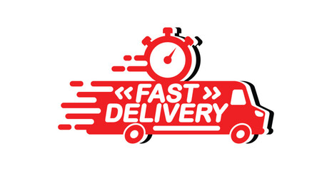 Fast delivery truck icon, express delivery, quick move. Vector template for logo on transparent background