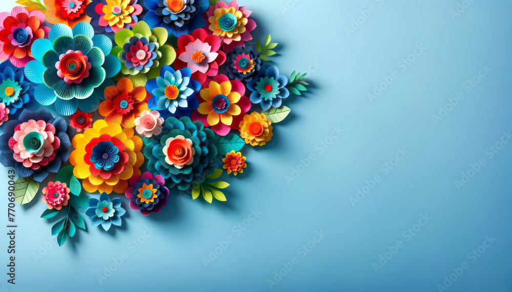 Poster vibrant paper flower arrangement with a dynamic explosion of color on blue. artistic and celebration