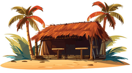 Hut or Bar with Thatched or Straw Roof and Palm Lea - obrazy, fototapety, plakaty