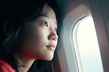 Young woman looking out the airplane window