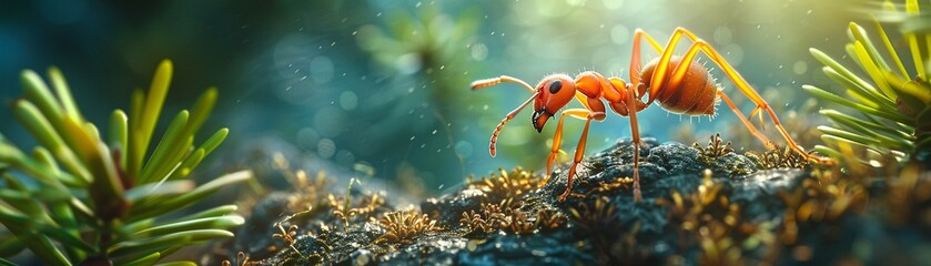 Closeup, vibrant and colorful ant exploring a photorealistic pine forest, natural lighting ,ultra HD,clean sharp - obrazy, fototapety, plakaty