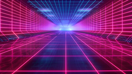 Fototapeta premium Synthwave wireframe net in retro futuristic 80s background 