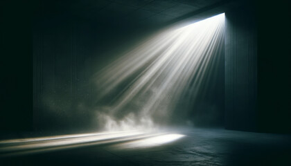 A burst of light from above floods a dark room with misty concrete floor. Hope and inspiration concept. Generative AI