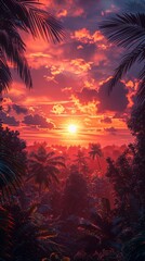 Vibrant sunset over a tropical evergreen forest, photorealistic, sky colors ,3DCG,high resulution
