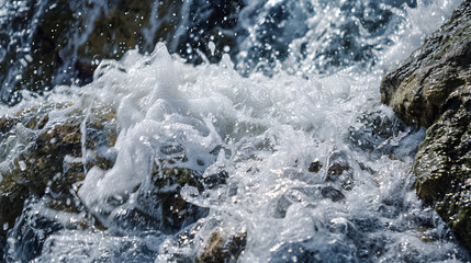 The base of a waterfall where water hits the rocks creating a dynamic splash and foam. - obrazy, fototapety, plakaty