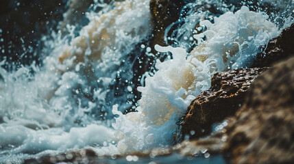 The base of a waterfall where water hits the rocks creating a dynamic splash and foam. - obrazy, fototapety, plakaty