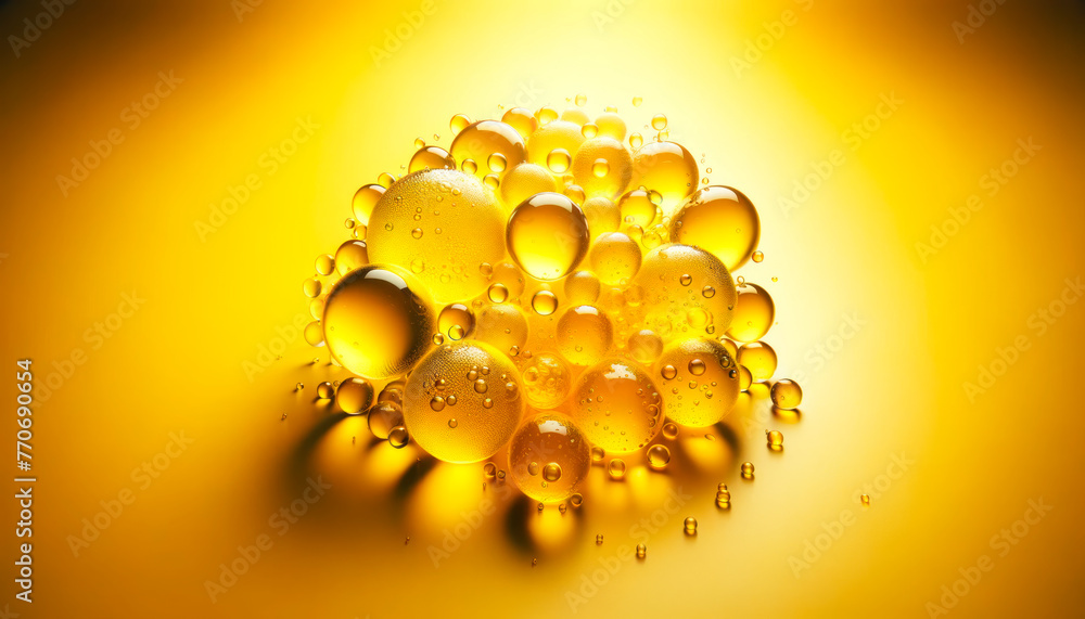 Poster shiny oil bubbles floating over a vibrant yellow gradient background, showcasing an abstract, modern