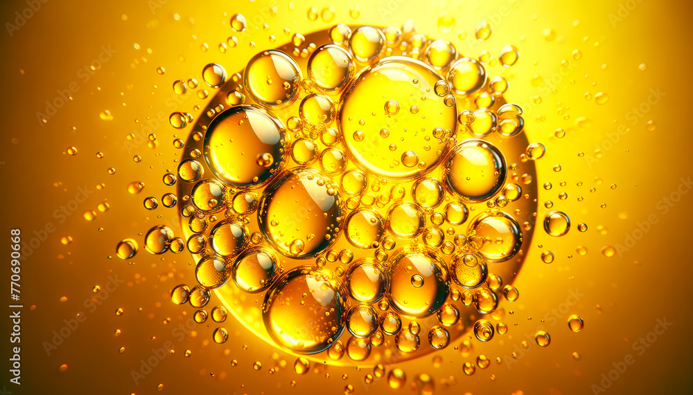 Poster close-up view of oil bubbles floating in a yellow liquid, portraying a vibrant, shiny abstract patte