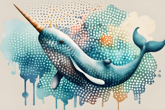 Whale Narwhal Watercolor hand-painted Illustration Sea animals Blue Whales Isolated Cute Kids, painting