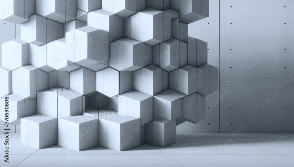 Poster abstract geometrical pattern of cubes protruding from a wall, with a minimalist style on a plain bac