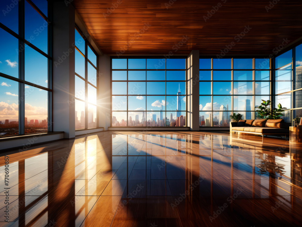 Aufkleber expansive room with wood finish and cityscape seen through vast windows at sunset. warmth concept. g