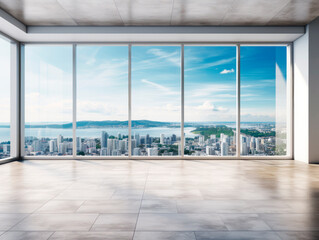 Fototapeta na wymiar Spacious room with large windows offering a panoramic view of an urban cityscape. Modern living concept Generative AI