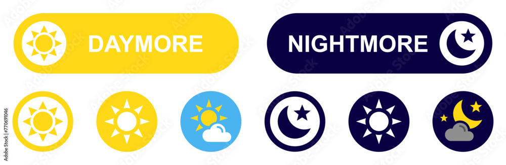 Poster vector day night switch. screen modes icons set. sun and moon with clouds in circle day and night co