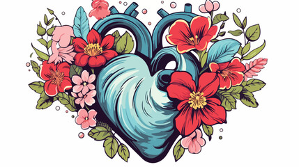 Iconic tattoo style image of a heart and flowers fl - obrazy, fototapety, plakaty