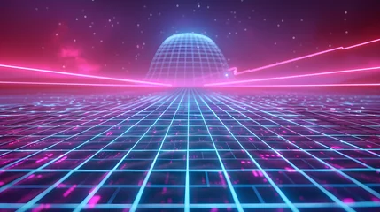Poster An artistic representation of a futuristic landscape with neon grids and a glowing dome, evoking a sense of retro-futurism and cyberpunk aesthetics © Anastasia