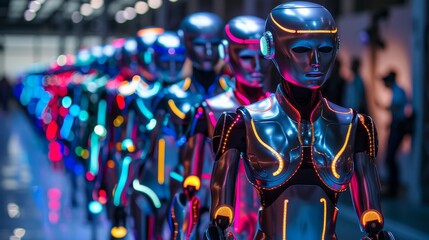 Elegant humanoid fashion models on a runway, showcasing futuristic clothing with LED and tech elements, High fashion meets AI