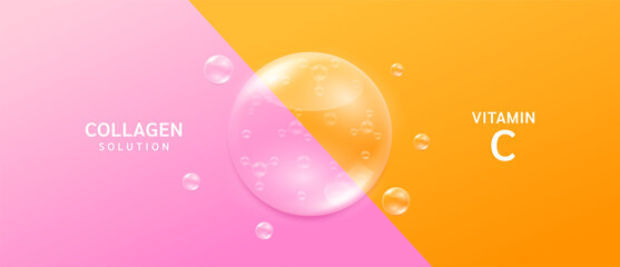 Orange vitamin C droplet and pink collagen solution. Supplements you should take in pairs for good health. Vitamins complex minerals nourish the body. Medical scientific concepts. Banner vector. - obrazy, fototapety, plakaty