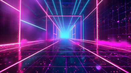 A mesmerizing corridor with neon lights stretching into the distance, creating an illusion of depth and motion in a futuristic environment - obrazy, fototapety, plakaty