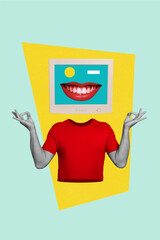 Vertical creative collage image man torso body fragment headless cutout pc monitor screen face...