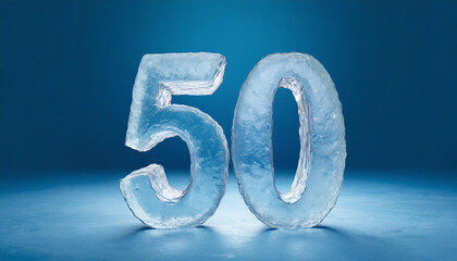 Number 50 made of water ice on blue background. Cold figure. 3D rendering.