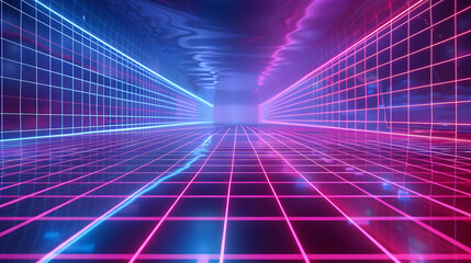 A corridor with a neon-lit grid pattern, stretching into the distance with vibrant pink and blue lights creating a futuristic atmosphere