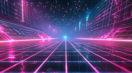 Fototapeta na wymiar A neon-lit tunnel with a grid pattern stretches into the distance, vibrant pink and blue lights converge toward a central point