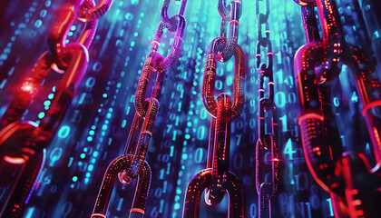 Computer files appear constrained by glowing digital chains - symbolizing the grip of a destructive ransomware attack wide - obrazy, fototapety, plakaty